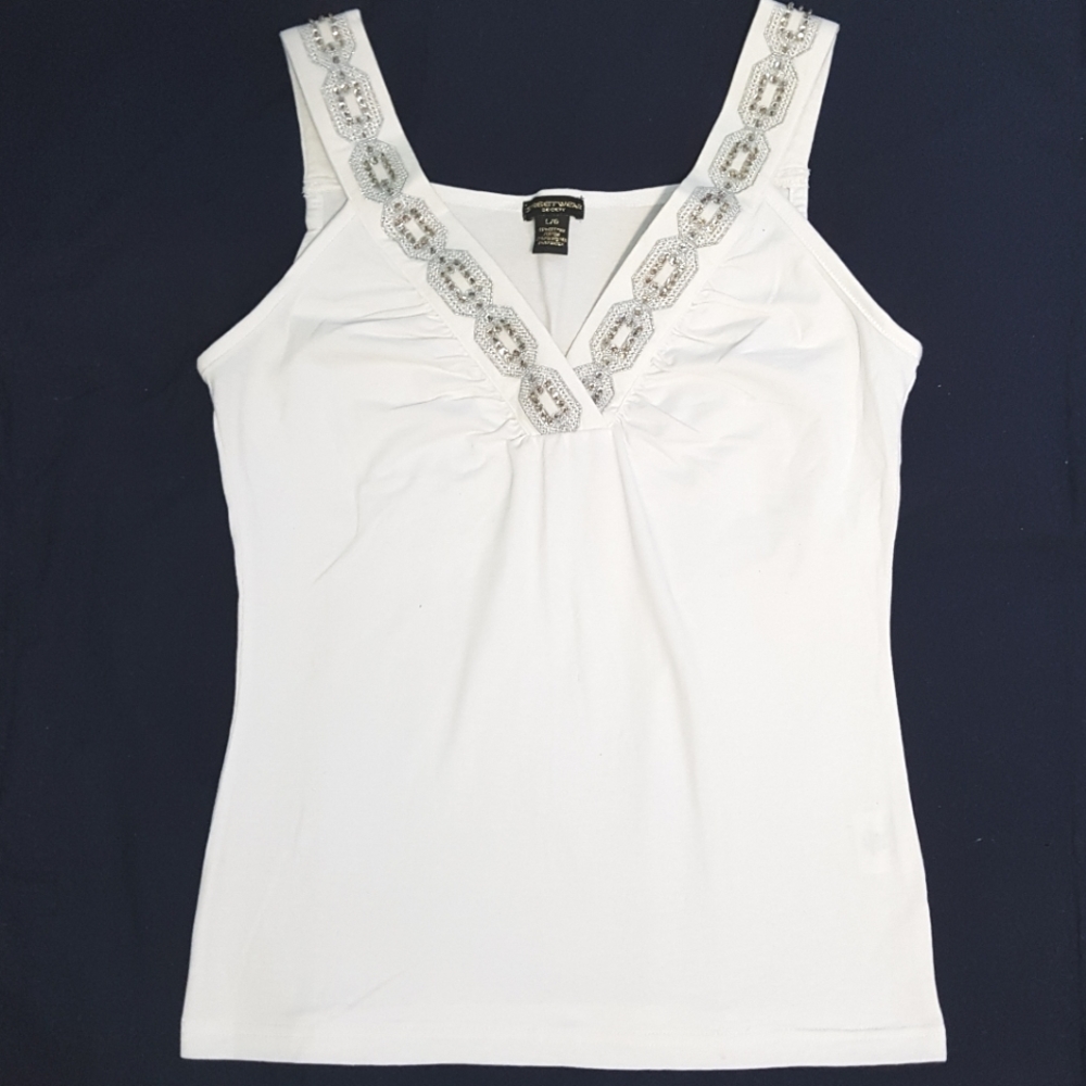 Vintage White Sequined v neck tank top